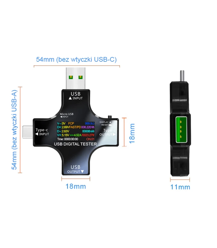 Tester miernik licznik USB-C USB-A prąd napięcie moc 32V/5.1A
