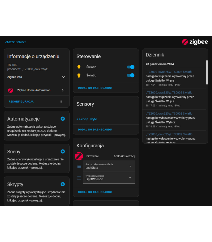 Podwójny Przekaźnik Włącznik 10A ZigBee TUYA Smart Home Assistant