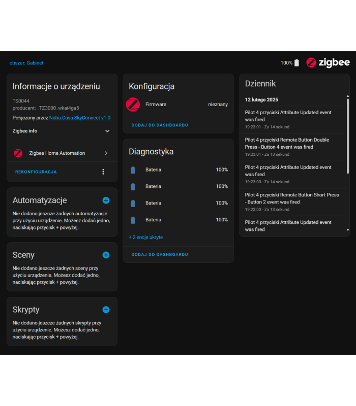 Pilot Przycisk ZigBee TUYA 4 kanały 12 scen Home Assistant ZigBee2MQTT ZHA