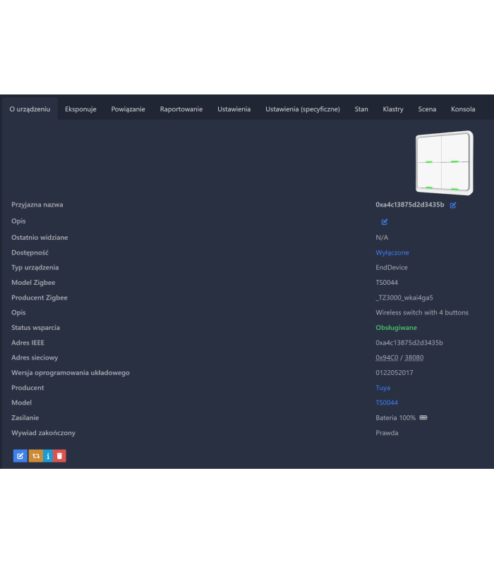 Pilot Przycisk ZigBee TUYA 4 kanały 12 scen Home Assistant ZigBee2MQTT ZHA