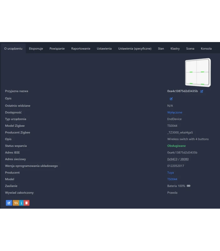 Pilot Przycisk ZigBee TUYA 4 kanały 12 scen Home Assistant ZigBee2MQTT ZHA