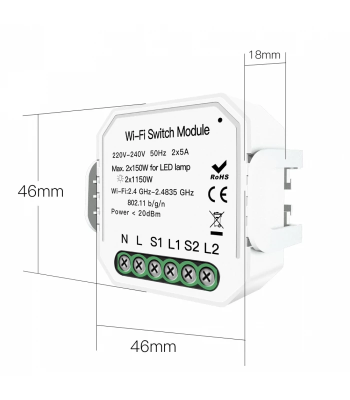 Podwójny przekaźnik WiFi do puszki 2300W TUYA
