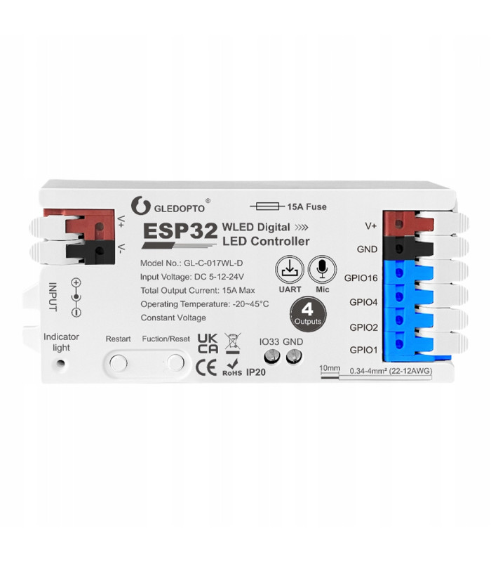 Sterownik LED WLED RGB WiFi ESP32 Home Assistant WS281x MIKROFON - 4 KANAŁY