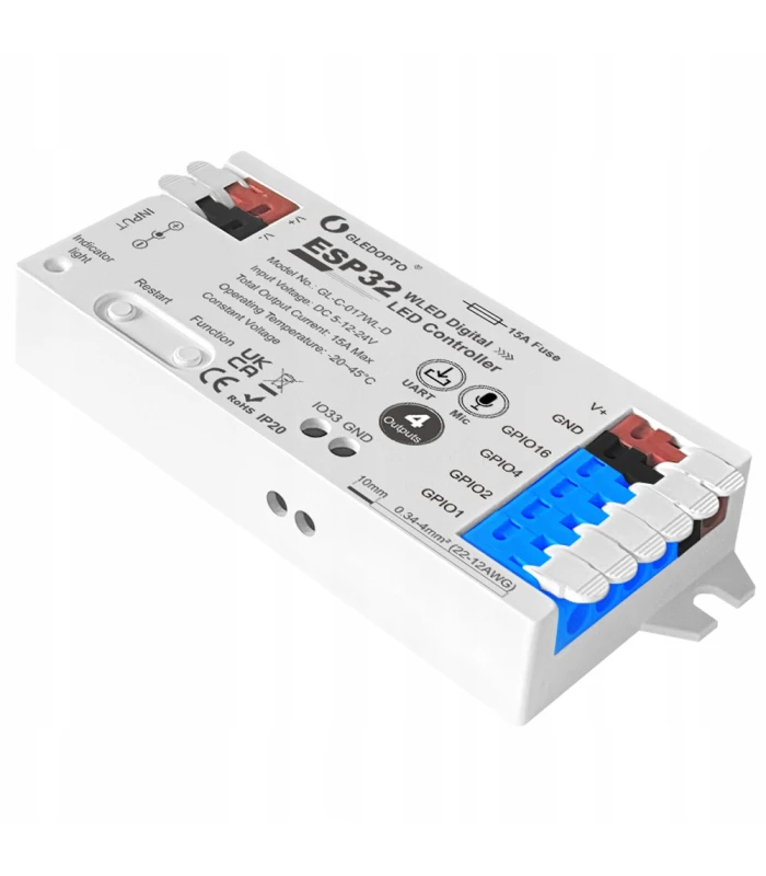 Sterownik LED WLED RGB WiFi ESP32 Home Assistant WS281x MIKROFON - 4 KANAŁY