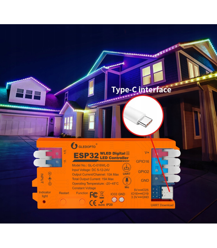 Sterownik WLED Magic Pixel RGBIC WiFi ESP32 Home Assistant MQTT UART USB-C