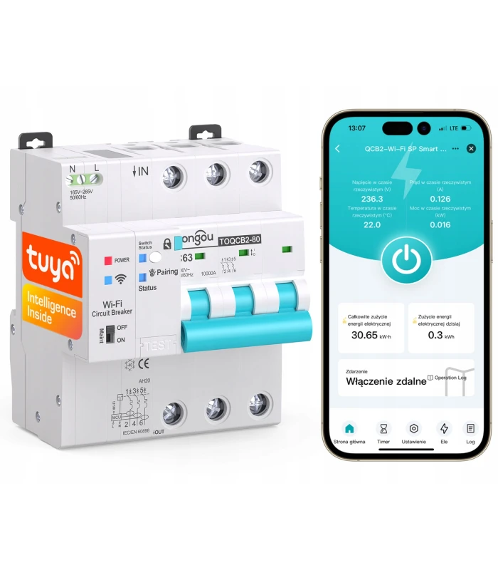Bezpiecznik nadprądowy 3-fazowy 3P C63 przekaźnik WiFi TUYA pomiar prądu