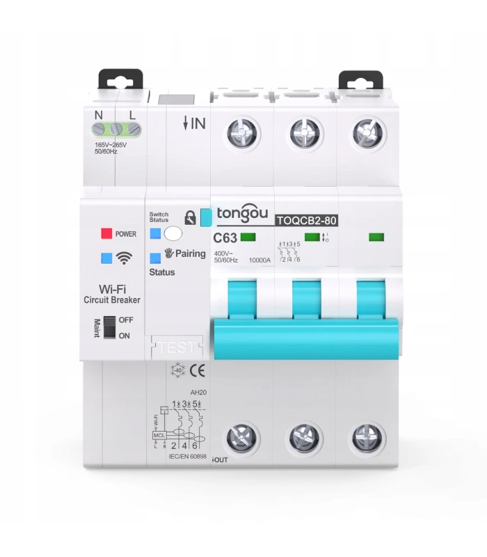 Bezpiecznik nadprądowy 3-fazowy 3P C63 przekaźnik WiFi TUYA pomiar prądu