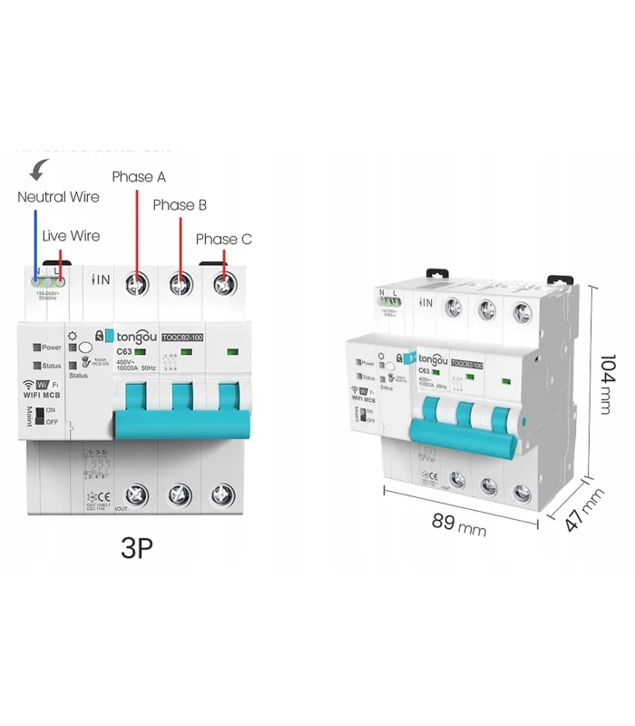 Bezpiecznik nadprądowy 3-fazowy 3P C63 przekaźnik WiFi TUYA pomiar prądu