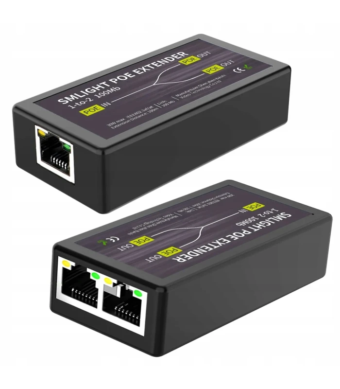 Extender PoE Ethernet RJ45 Przedłużacz Sygnału Zasięgu do 100m 2x 100Mbps