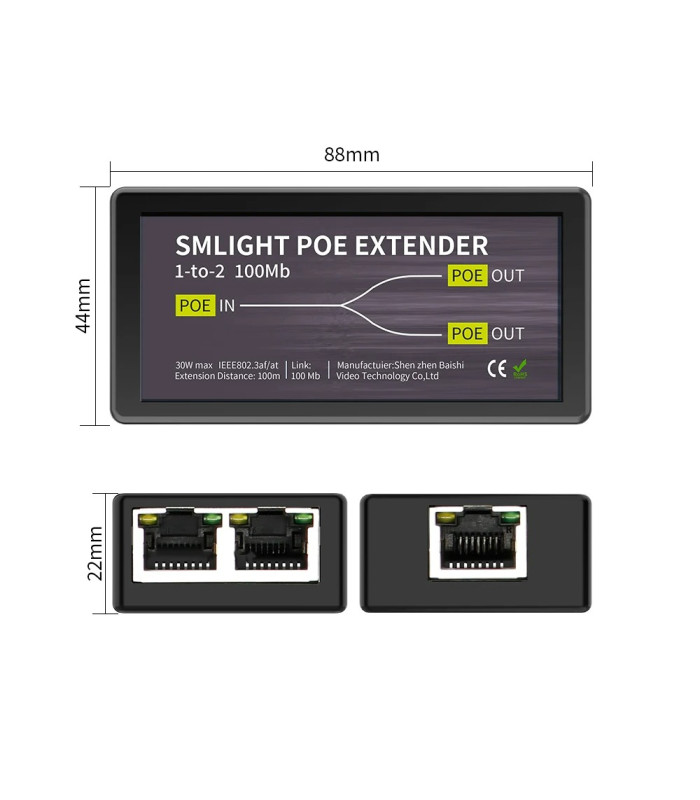 Extender PoE Ethernet RJ45 Przedłużacz Sygnału Zasięgu do 100m 2x 100Mbps
