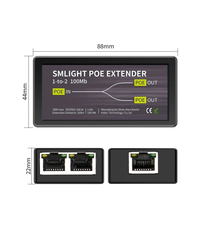 Extender PoE Ethernet RJ45 Przedłużacz Sygnału Zasięgu do 100m 2x 100Mbps