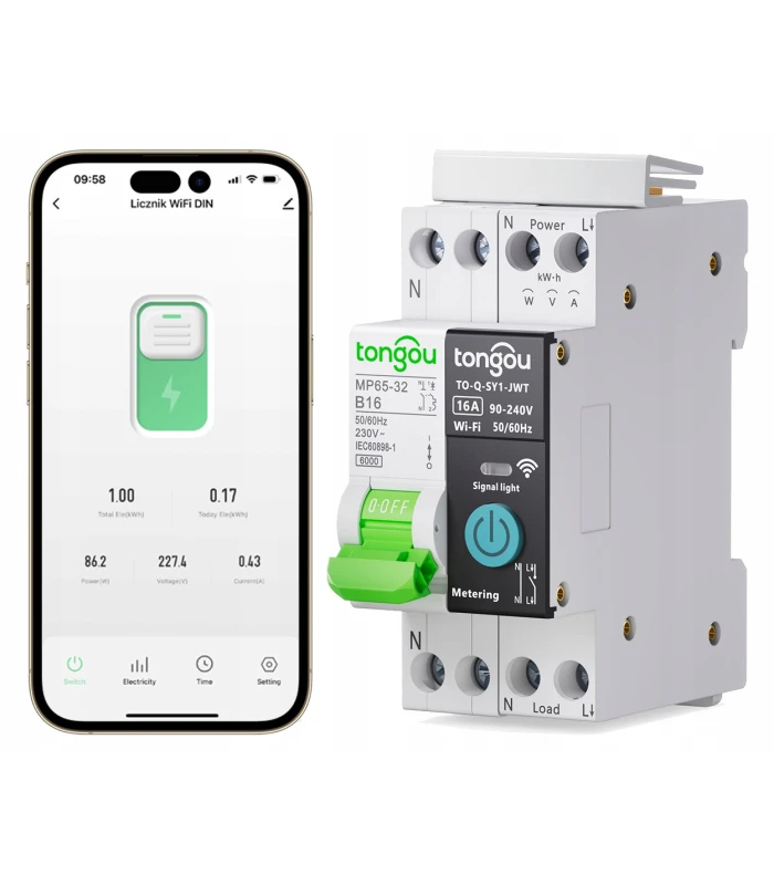 Przekaźnik WiFi 16A z pomiarem prądu i bezpiecznik B16 TUYA Smart Life
