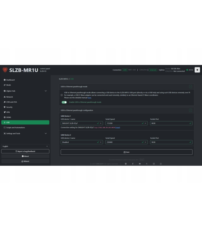 Adapter SLZB-MR1U ZigBee Thread CC2652P EFR32MG21 PoE USB WiFi ESP32 LAN