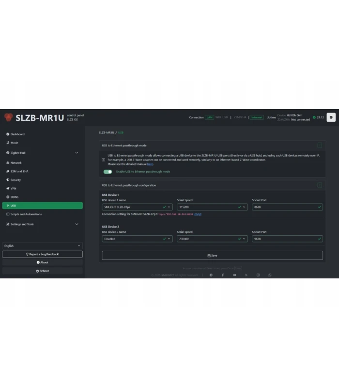 Adapter SLZB-MR1U ZigBee Thread CC2652P EFR32MG21 PoE USB WiFi ESP32 LAN