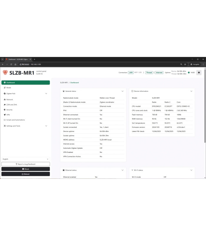 Adapter SLZB-MR1U ZigBee Thread CC2652P EFR32MG21 PoE USB WiFi ESP32 LAN
