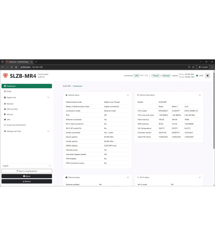 Adapter SLZB-MR4U ZigBee Thread CC2674P10 EFR32MG26 PoE USB WiFi ESP32 LAN
