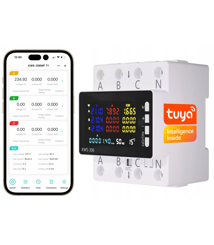 Trójfazowy Licznik Energii Prądu Watomierz WiFi TUYA przekaźnik 80A LCD DIN