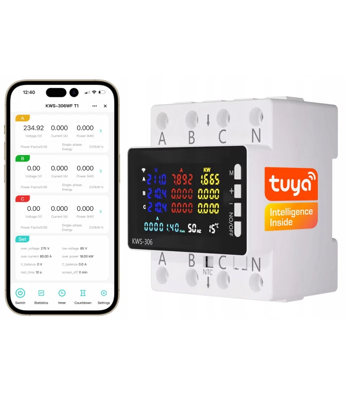 Trójfazowy Licznik Energii Prądu Watomierz WiFi TUYA przekaźnik 80A LCD DIN