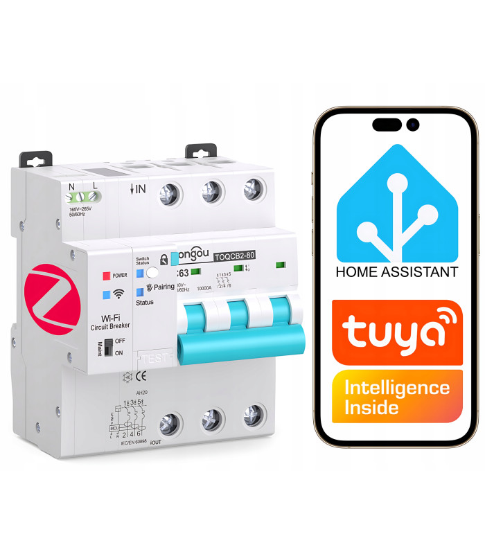 Bezpiecznik nadprądowy 3-fazowy C63 przekaźnik ZigBee TUYA Home Assistant