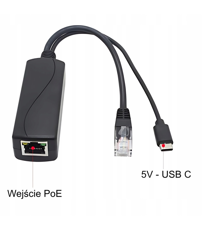 Adapter Splitter PoE do USB-C 5V 2,4A IEEE 802.3af/at 100 Mbps skrętka ETH