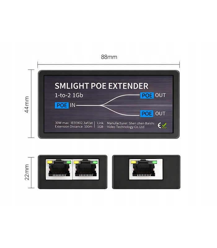 Extender PoE Ethernet RJ45 Przedłużacz Wzmacniacz Sygnału do 100m 2x 1Gbit