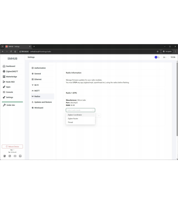 SMHUB Nano MG24 Centralka Bramka HUB ZigBee MQTT ZHA Matter Home Assistant