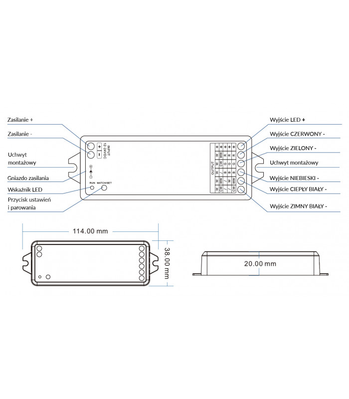 Sterownik WiFi do taśm LED RGB CCT TUYA 5 w 1 z modułem RF