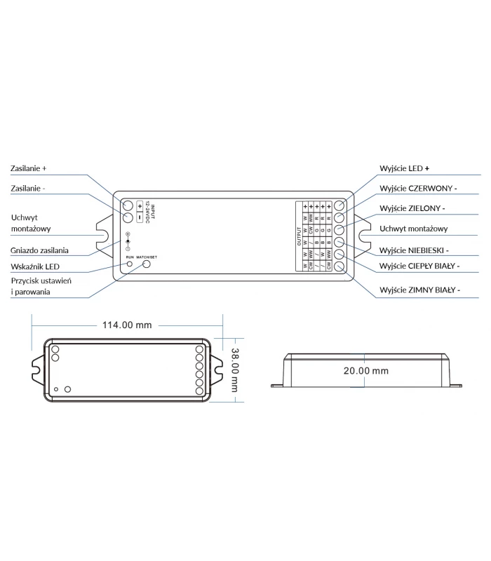 Sterownik WiFi do taśm LED RGB CCT TUYA 5 w 1 z modułem RF